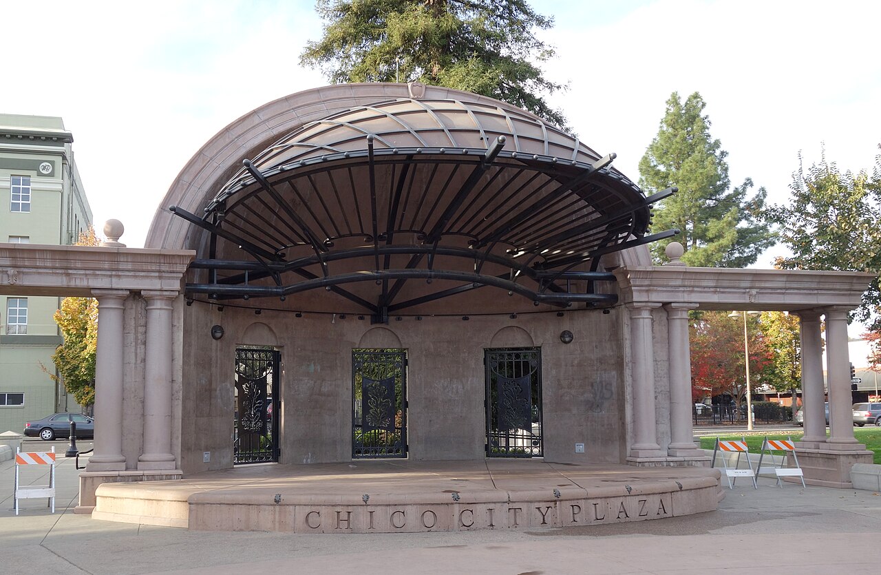 The stone pavilion and curved canopy at Chico City Plaza
